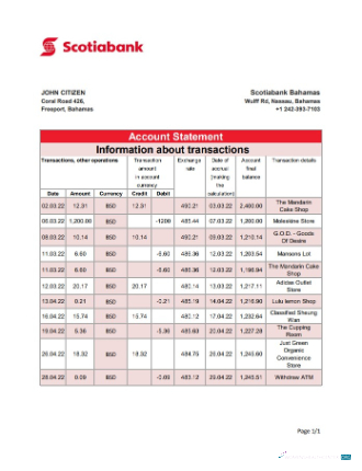 Download Bahamas Scotiabank bank statement excel Photoshop template